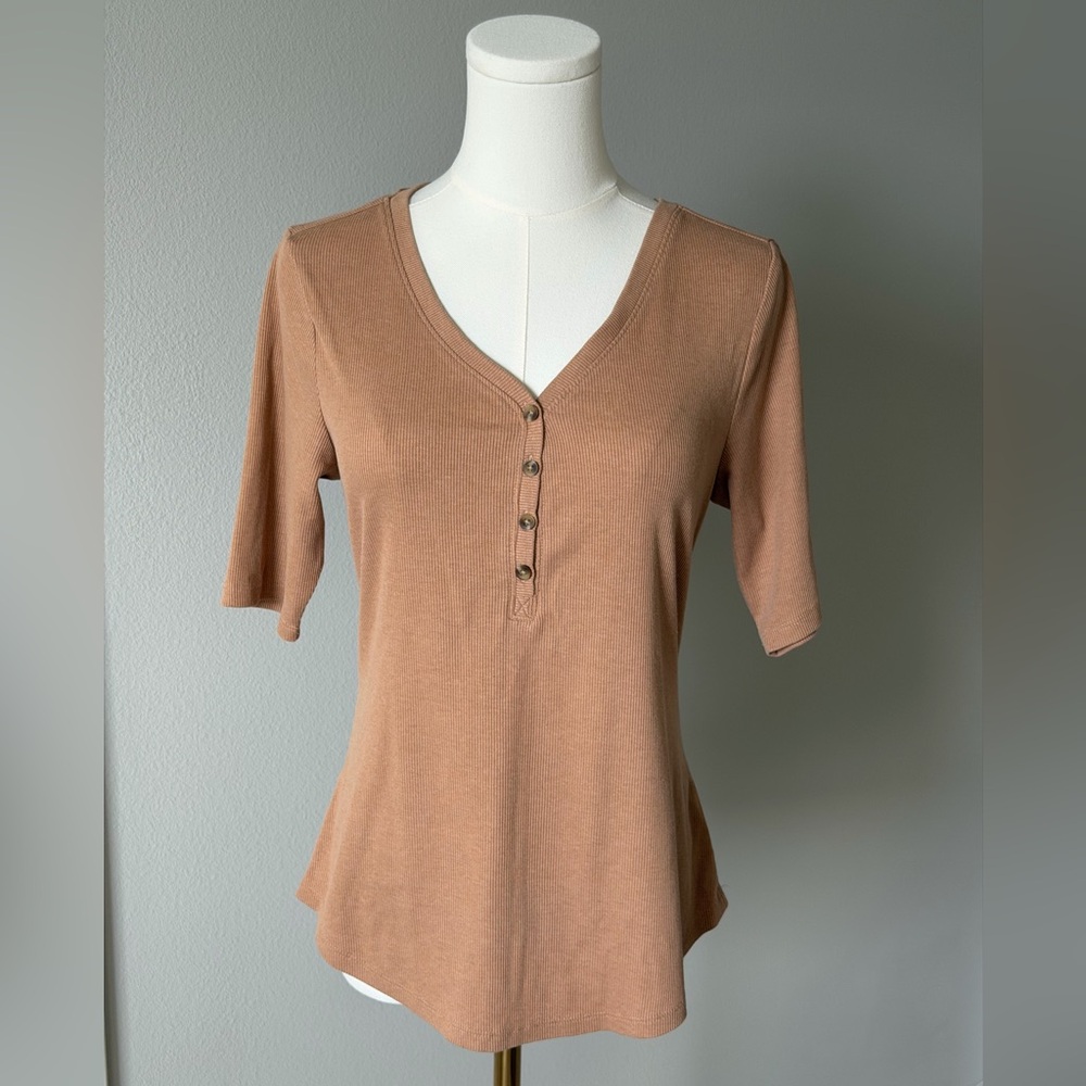 Sonoma Women's Brown V-Neck Ribbed Buttoned Top-M